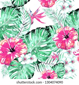 Hand Drawn Tropical Hibiscus Flowers Palm Stock Illustration 1138031849