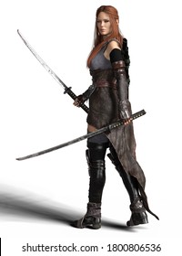 Beautiful red hair fantasy female warrior in armor dress with katana swords in action pose- 3D Illustration