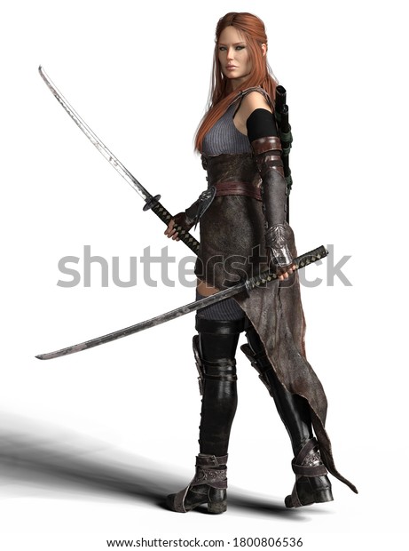 Beautiful Red Hair Fantasy Female Warrior Stock Illustration 1800806536