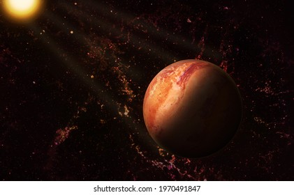 Beautiful Red Planet in Outer Space With Sun Shining down Upon it, surrounded with stars and Nebula