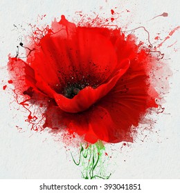 Beautiful Red Poppy, Closeup On A White Background, With Elements Of The Sketch And Spray Paint, As Illustration For The Cover Of A Notebook Or Notepad, Or Print For Garment