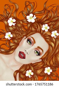 Beautiful redhead woman with long wavy hair, with flowers, lies. Barber shop concept. Portrait of a young woman. Glamorous fashion concept. - Shutterstock ID 1765751186