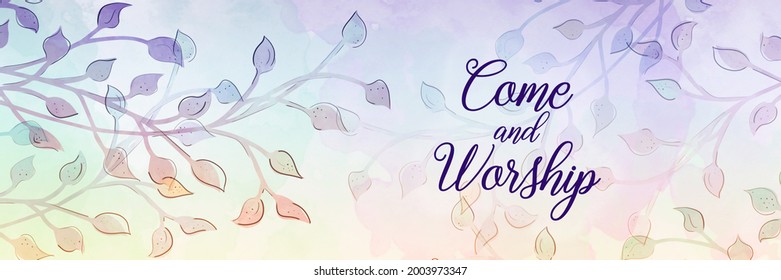 Beautiful Religious Background With Quote Or Invitation Saying Come And Worship For Church Signs Or Church Bulletin Designs, Purple Ivy Vine Floral Border Illustration, Christian Religion Graphic Art