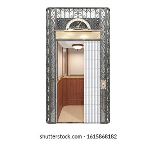 Beautiful retro elevator. Elevator with open slatted door. Retro elevator. Elevator with open slatted door. 3d illustration isolated on white background.