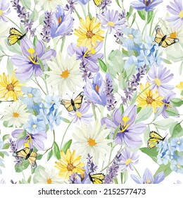 Beautiful Retro Pastel Flowers Seamless Pattern. Hand Painted Floral Design Background With Rose, Crocus, Wildflower, Lavender Illustration For Wallpaper Décor And Textile Fabric. Stock Illustration.