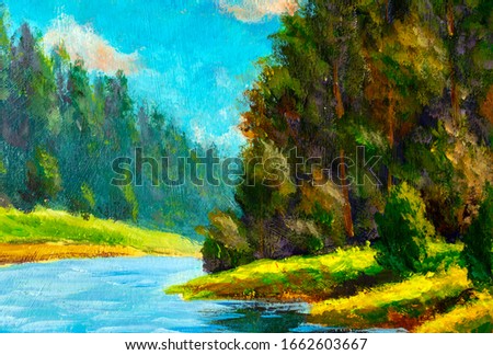 Beautiful river landscape acrylic painting. Russian forest summer landscape in watercolor, oil. Green forest, blue lake modern fine art.