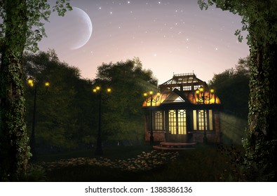 Beautiful, romantic illuminated pavilion at night in a lush park, 3d render