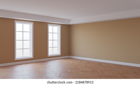 Beautiful Room Corner with Beige Walls, White Ceiling and Cornice, Glossy Herringbone Parquet Flooring, Two Large Windows and a White Plinth. Unfurnished Interior Concept. 3d rendering. Ultra HD 8K