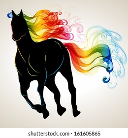 Beautiful running Horse black silhouette with bright color abstract tail and mane, for 2014 New Year design