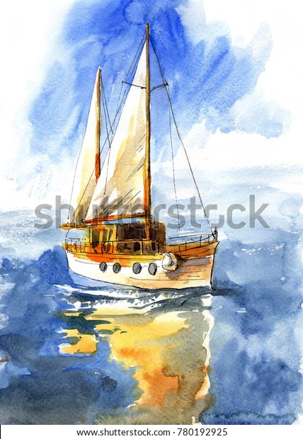 Beautiful Sailing Ship Painted Watercolor By Stock Illustration