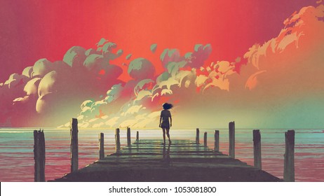 Beautiful Scenery Of The Woman Standing Alone On A Wooden Pier Looking At Colorful Clouds In The Sky, Digital Art Style, Illustration Painting