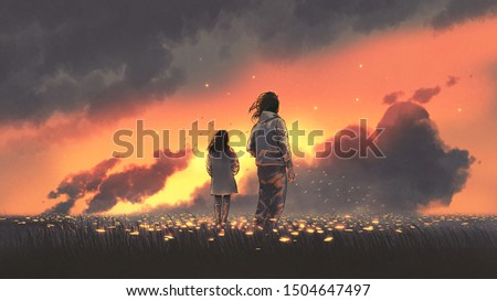 beautiful scenery of the young couple standing in glowing flowers meadow and looking at sunset sky, digital art style, illustration painting