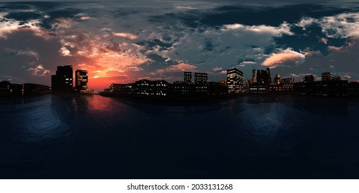 Beautiful Sea Sunset, Night City. HDRI . Equidistant Projection. Spherical Panorama. Panorama 360. Environment Map, 3D Rendering