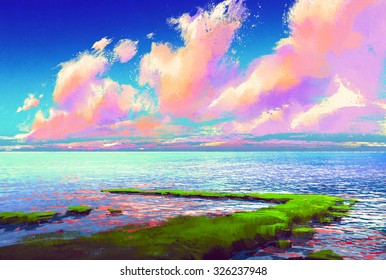 Beautiful Sea Under Colorful Sky,landscape Painting