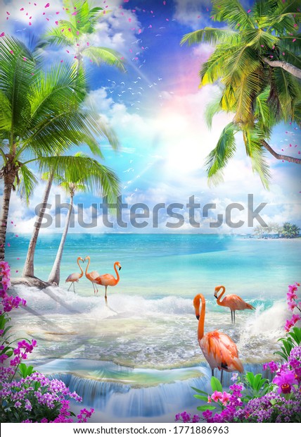 Beautiful sea view from the garden of orchids and palm trees. Pink sunset and flamingos on the shore. Paradise Island. Digital collage, mural and fresco. Wallpaper. Poster. Modular panno. 3d render.