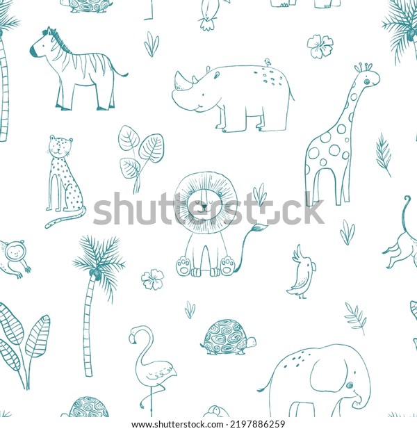 Beautiful seamless baby
pattern with cute hand drawn safari elephant lion giraffe toucan
zebra monkey flamingo rhino parrot snake jaguar animals. Stock
illustration.