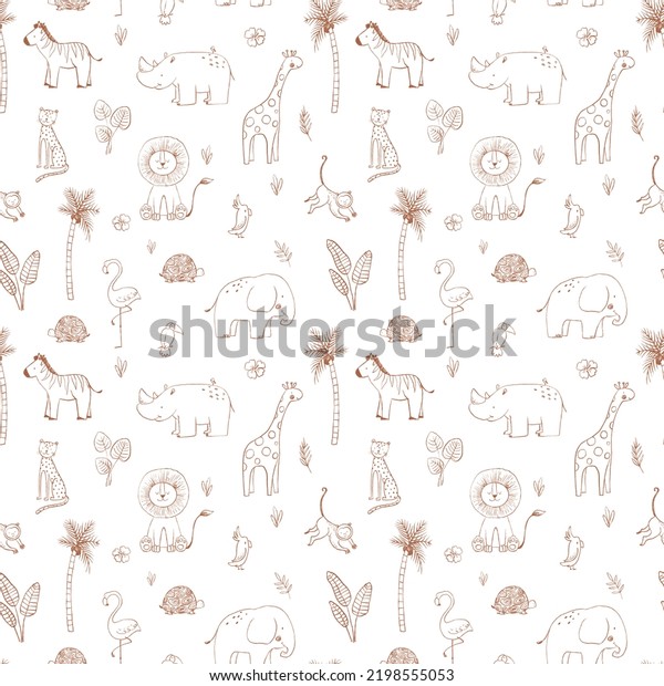 Beautiful seamless baby\
pattern with cute hand drawn safari elephant lion giraffe toucan\
zebra monkey flamingo rhino parrot snake jaguar animals. Stock\
illustration.