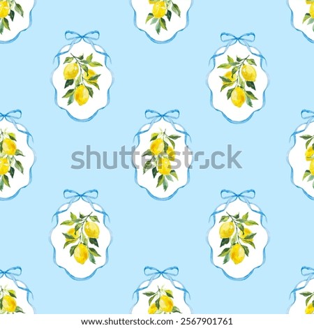 Beautiful seamless checkered pattern with bows and lemons. Composition with vintage bows and handmade ribbons. Blue ribbon on a light blue background.