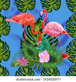 Beautiful Seamless Floral Exotic Pattern With Tropical Flowers, Palm Leaves, Jungle Plants, Hibiscus, Bird Of Paradise Flower, Pink Flamingos