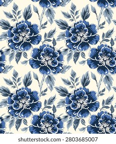 Beautiful seamless floral pattern featuring large porcelain blue peonies and stylized leaves on a soft cream background. Elegant traditional Chinoiserie style botanical vector design for luxury textiles, apparel, and wallpaper.