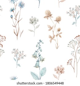 Beautiful Seamless Floral Pattern With Watercolor Autumn Fall Flowers. Stock Illustration.