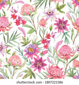 Beautiful Seamless Floral Pattern With Watercolor Summer Passionflower And Waratah Protea Flowers. Stock Illustration.