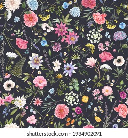 Beautiful seamless floral pattern with watercolor hand drawn gentle summer flowers. Stock illustration. Natural artwork.