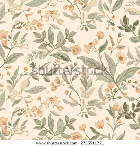 Beautiful seamless floral vector pattern with natural leaves and flowers, ideal for textile, wallpaper, packaging, and decorative designs.