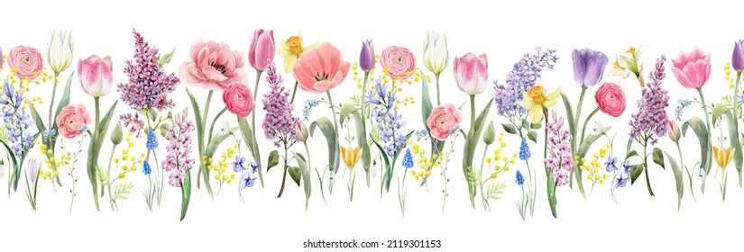 Beautiful Seamless Horizontal Floral Pattern With Watercolor Spring Flowers. Stock Illustration.
