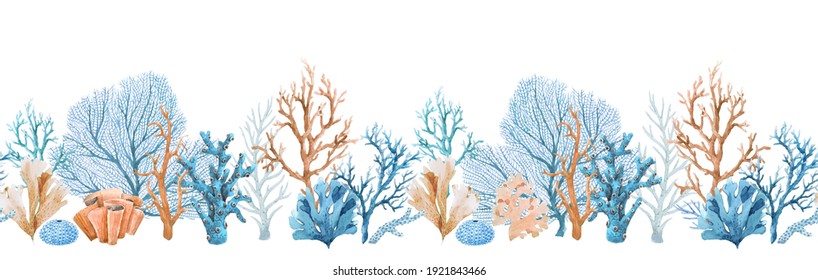 Beautiful seamless horizontal underwater pattern with watercolor sea life colorful corals. Stock illustration.