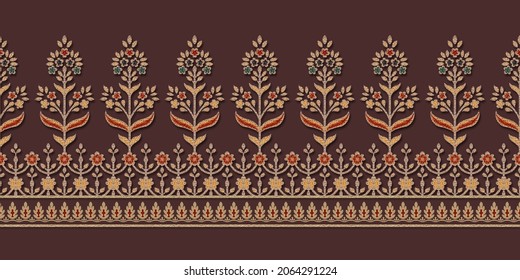 Beautiful Seamless Multicoloured Mughal Border On Wine Background Used For Textile Prints  