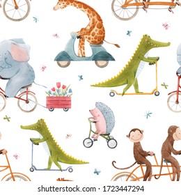 Beautiful Seamless Pattern For Children With Watercolor Hand Drawn Cute Animals On Transport. Stock Illustration.