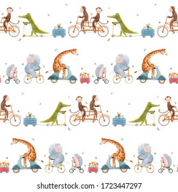 Beautiful Seamless Pattern For Children With Watercolor Hand Drawn Cute Animals On Transport. Stock Illustration.