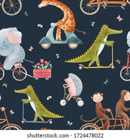 Beautiful Seamless Pattern For Children With Watercolor Hand Drawn Cute Animals On Transport. Stock Illustration.