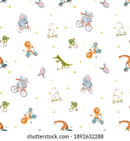 Beautiful Seamless Pattern For Children With Watercolor Hand Drawn Cute Animals On Transport. Stock Illustration.