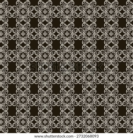 A beautiful seamless pattern consisting of white swirling filigree and heart-like shapes on a black background, perfect for sophisticated backgrounds.