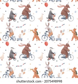 Beautiful seamless pattern with cute hand drawn watercolor animals on bikes and air baloons. Birthday party celebration. Stock baby illustration. - Powered by Shutterstock