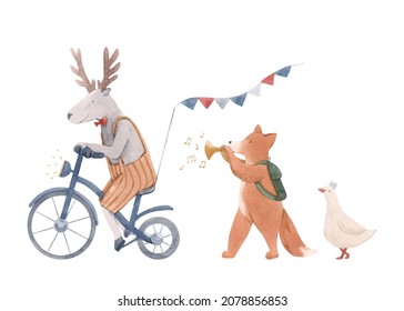 Beautiful seamless pattern with cute hand drawn watercolor deer on bike fox and goose. Birthday party celebration. Stock baby illustration. - Powered by Shutterstock