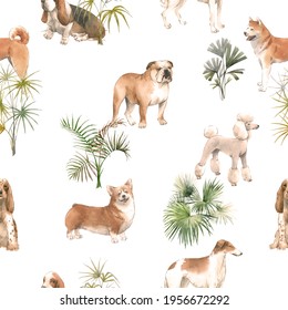 Beautiful Seamless Pattern With Cute Watercolor Hand Drawn Dog Breeds Cocker Spaniel Greyhound Basset Hound Poodle Bulldog And Welsh Corgi Pembroke . Stock Illustration.