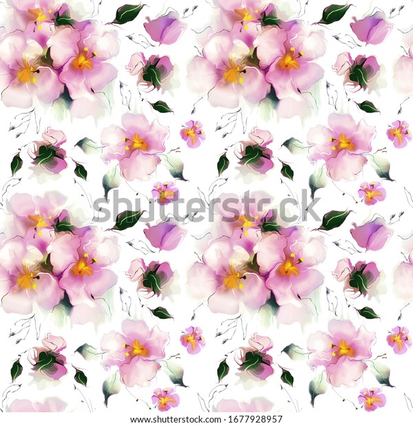 Beautiful Seamless Pattern Delicate Pink Flowers Stok İllüstrasyon
