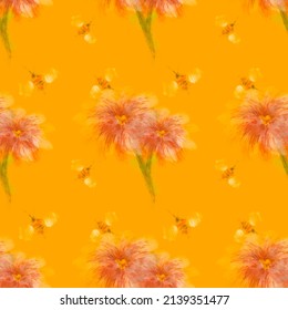 Beautiful Seamless Pattern Of Flower And Bee, Dry Brush Painting, Warm Tone, Hand Drawn Painted, Orange Background.