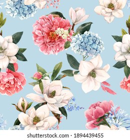 Beautiful seamless pattern with hand drawn watercolor gentle white magnolia and hydrangea flowers. Stock illustration.