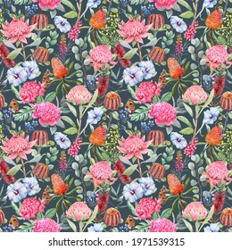 Beautiful Seamless Pattern With Hand Drawn Watercolor Protea Banksia And Other Australian Flowers. Stock Illustration.