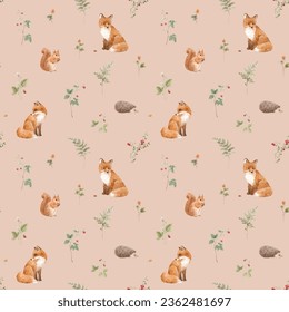 Beautiful seamless pattern with hand drawn watercolor forest fox squirrel hedgehog animals and plants. Stock illustration. Popular design.