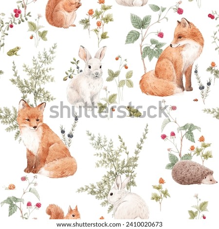 Beautiful seamless pattern with hand drawn watercolor forest fox hare hedgehog and squirrel animals and plants with berries. Stock illustration. Popular design.