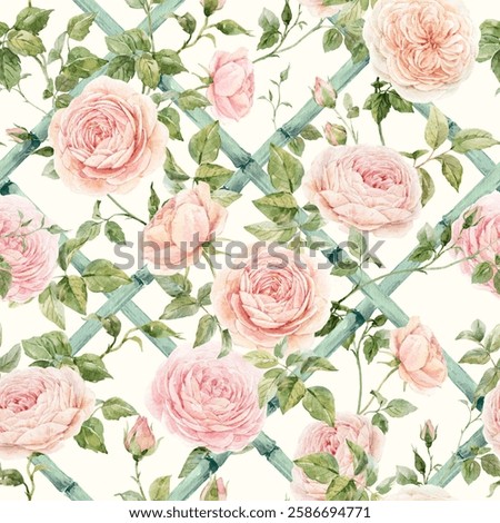 Beautiful seamless pattern with hand drawn bamboo lattice and roses in vacation style. Ready print design.