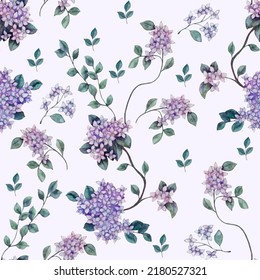 Beautiful seamless pattern, module. Created from watercolor illustration elements. Flower arrangement of flowering branches with small purple inflorescences.