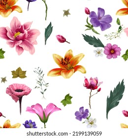 Watercolor Painting Leaf Flowers Seamless Pattern Stock Illustration ...