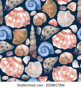 Beautiful Seamless Pattern With  Seashells. Hand Painted Watercolor Illustration On Deep Blue Background. Great For Fabrics, Wrapping Papers, Covers. Ocean And Sea Theme.