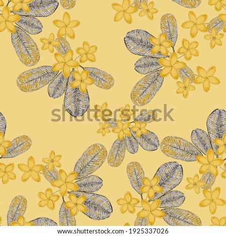 Beautiful seamless pattern with tropical leaves and flowers drawn with colored pencils. Retro bright summer background. Jungle foliage illustration. Swimwear botanical design. Vintage exotic print.
